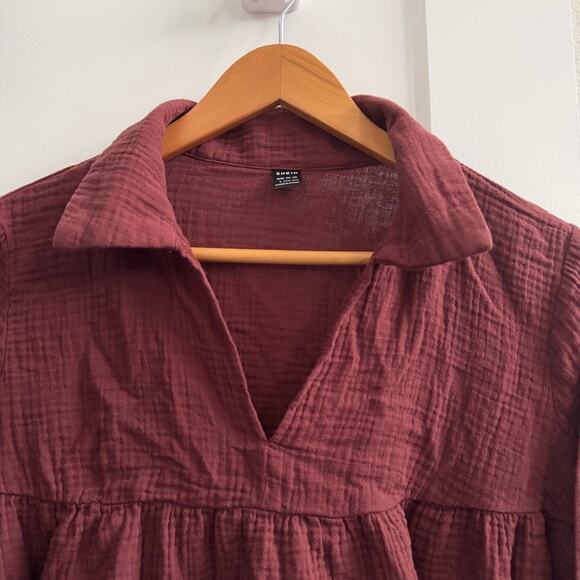 SHEIN Cotton Gauze Peasant Blouse L – Textured Boho Top, Rust Brown, Long Sleeve - Picture 2 of 8